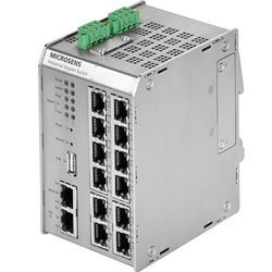 Modular Industrial Gigabit Ethernet Basic-Switch, 8x 10/100/1000T PoE+ (PSE), 1x 10/100/1000T PoE+ (PD), 4x Dual Media Ports: 100/1000X SFPSlot or 10/100/1000T, integrated CPU, Serial Port, USB Port