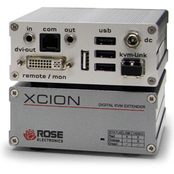 Xcion DVI KVM Extender Kit (TX/RX plus PSU’s). MM Fiber, DVI, USB transparent (KB/Mouse/Low-Speed). Multimode Fiber cable distance up to 500 meters