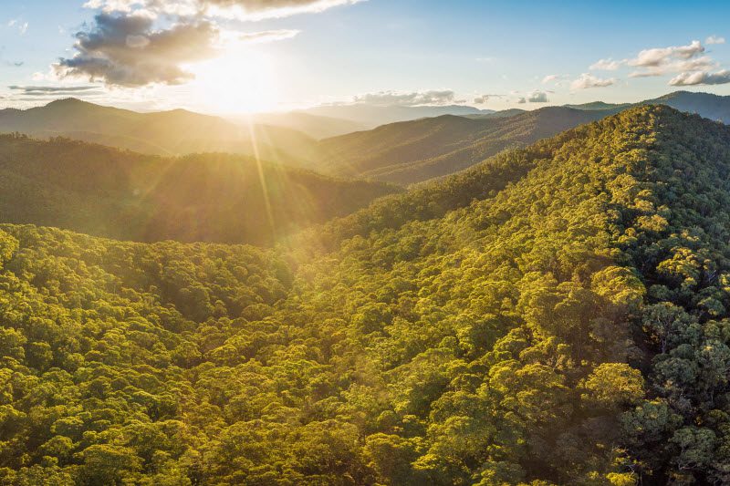 Aerial panorama of beautiful Australian Alps at sunset.