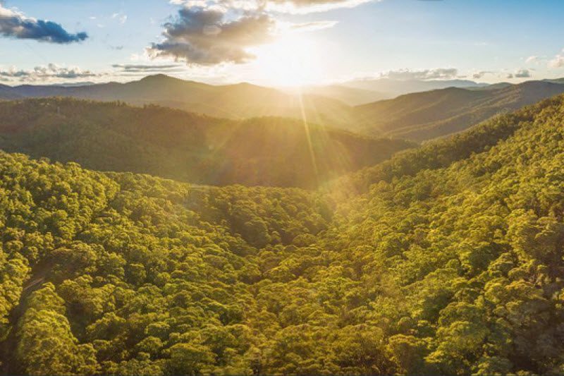 Aerial panorama of beautiful Australian Alps at sunset.