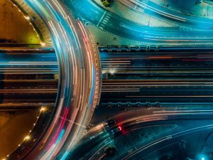 Expressway top view with colorful lights
