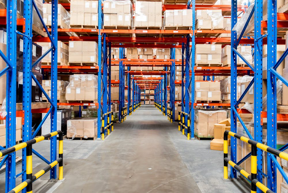 Warehouse full of boxes and storage shelves