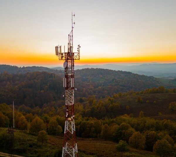 Aerial view of telecommunication tower situated on a hill top