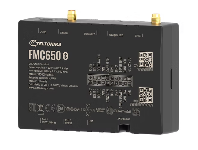 Teltonika FMC650 4G LTE Cat 1 tracker with high capacity battery and antennas